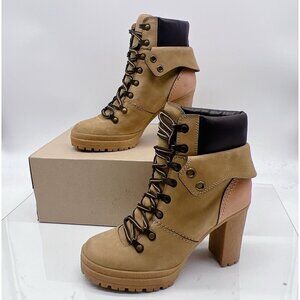 See by Chloé Eileen Platform Heel Hiking Combat Boot Lace Up Camel Leather EU 38